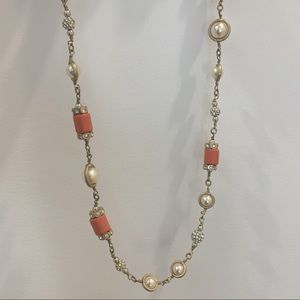 J. Crew Coral Beaded, Pearl, Crystal Long Necklace